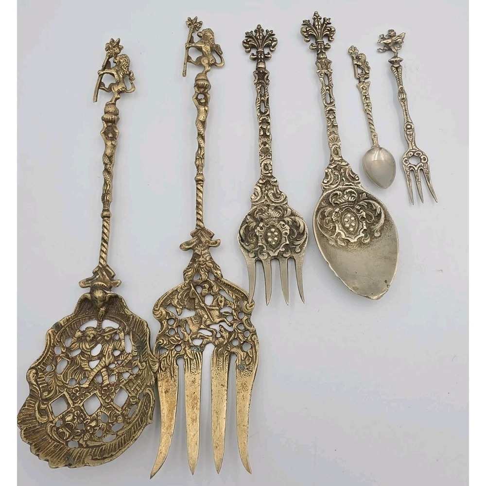 Vintage Italian 6 Piece Serving Set Lions Holding Scepter Brass Gothic Italy